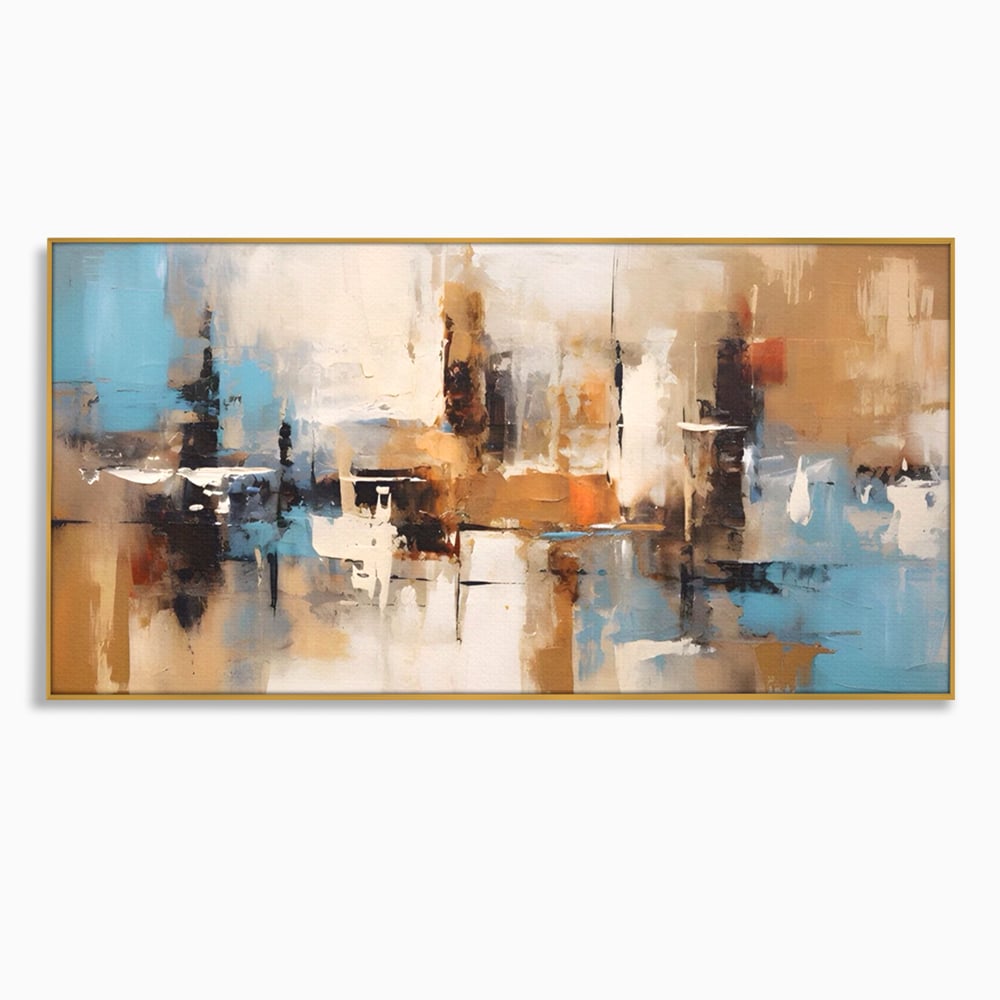 Tablou canvas cu pictura abstracta cu linii verticale, in rama de aluminiu auriu